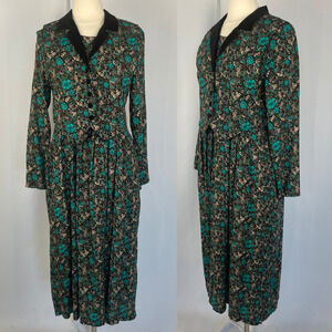 Miss Dorby Layered Dress Size 10 Black Green Floral Vest Long Sleeve Vintage 90s